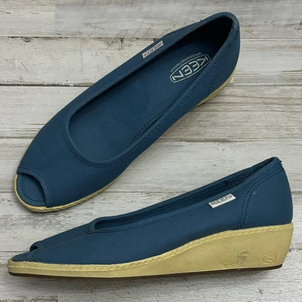 Keen Cortona Wedge Sandals Blue Canvas Open Peep Toe Slip On Shoes Size 7